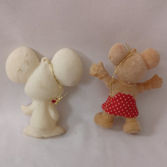 Adorable Set of Two Vintage Flocked Mice Holiday Ornaments - Picture 3 of 3